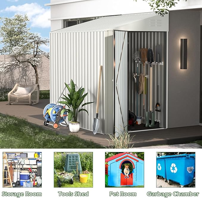 AECOJOY Shed Outdoor Lean to Storage Shed, 4.2' x 7' Small Metal Wall Side Door Sheds & Outdoor Storage, Outdoor Storage Cabinet for Garden, Backyard and Outdoor Use in White