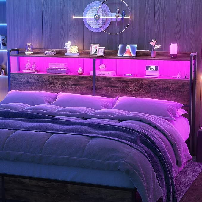 Aheaplus Headboard for King Size Bed Frame, Headboards with Outlets, USB Ports and LED Light, Head Board with Storage, Height Adjustable, Sturdy and Stable Headboard, King Size, Rustic Brown