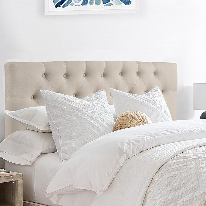 Rosevera Givanna Adjustable Height Headboard with Linen Upholstery and Button Tufting for Bedroom, King, Natural Linen