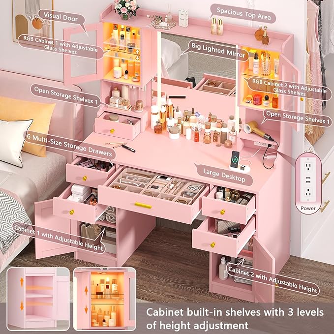 Vanity Desk with Mirror and Lights, Makeup Vanity Table with Power Outlet, Dressing Vanity Table Set with 6 Drawers & 4 Cabinets, 3 Color Modes & Brightness Adjusted, for Bedroom Room, Pink