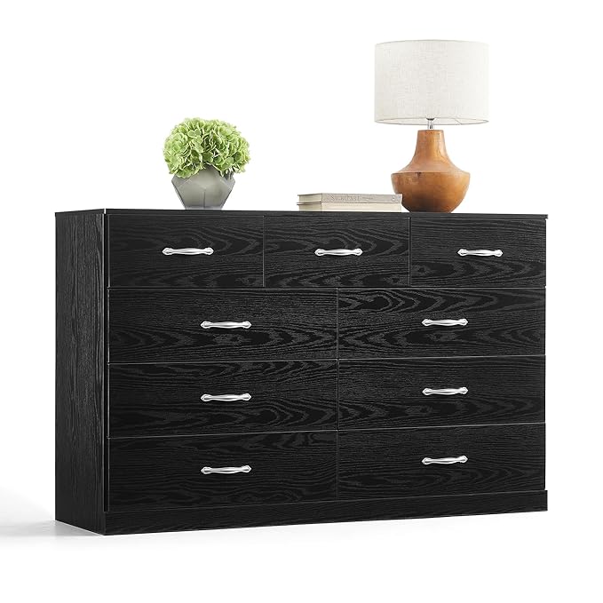 LINSY HOME 9 Drawer Dresser for Bedroom, 54" Wide Chest of Drawers, Modern TV Stand Dressers with Wood Frame and Metal Handles, Large Drawer Organizer for Bedroom, Living Room, Black