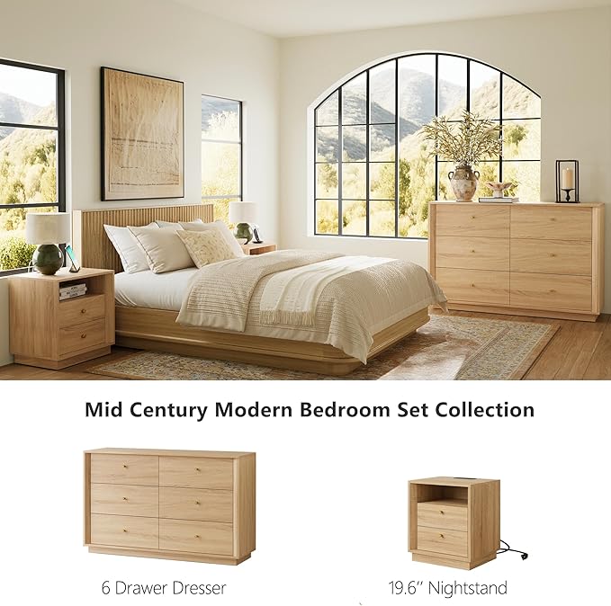 Mid Century Modern Dresser, 6 Drawer Dresser with Storage, 47" Wide Chest of Drawers with Wood Grain Texture, Drawers Organizer for Bedroom, Living Room, Hallway, Oak