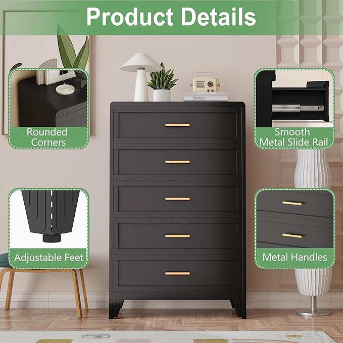 Metal Dresser Tall Black Dresser for Bedroom Chest,53.54" H White Drawer Chest, Closet Dressers & Chests of Drawers for Living Room, Hallway (5 Drawers Rounded Corners)