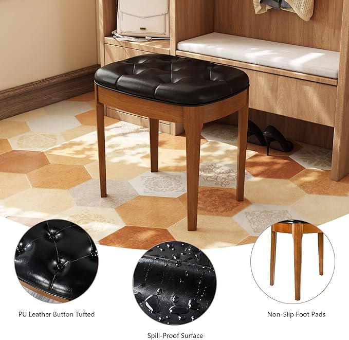 Solid Wood Button Tufted Vanity Stool, Ottoman Stool with Wood Legs & Padded Seat PU Leather Upholstered Piano Bench with Non-Slip Foot Pads Accent Stool for Bedroom Entryway, Black