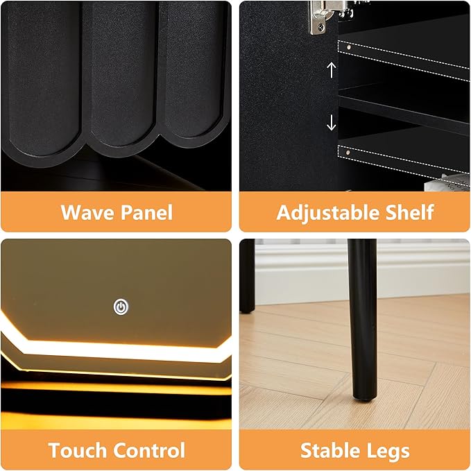 ORRD Vanity Desk with Mirror and Lights, Modern Wood Wave Panel Vanity Desk Set Makeup Table with Drawers and Cabinet, Dressing Table with Storage for Bedroom, Black