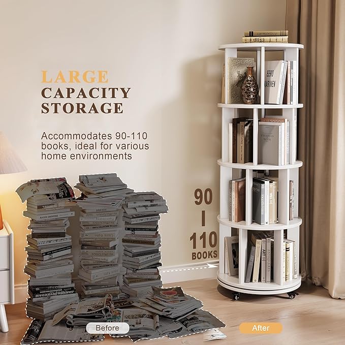 4-Tier Rotating Bookshelf, 360° Spinning Stackable Bookcase, Freestanding Bookshelf for Home Office Study Room Bedroom Living Room