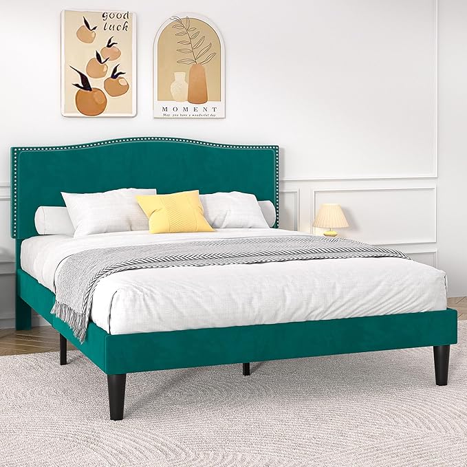 VECELO Queen Bed Frame Platform Bed with Upholstered Headboard, Strong Frame and Heavy-Duty Slats Support, Non-Slip and Noise-Free, Easy Assembly,Dark Green