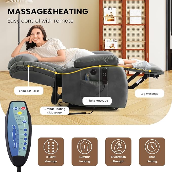TEKAMON Power Lift Recliner Chair for Elderly with Heat & Massage, Dual Motor Breathable Leather Recliner, Lay Flat Sleeping Chairs with Infinite Position, RemoteControl & USB Ports(Silver Grey)