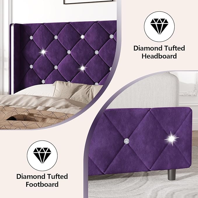 HOMBCK Twin Bed Frames, Upholstered Platform Bed with Diamond Tufted Headboard, Modern Velvet Bed Frame with Wingback Design, No Box Spring Needed, Easy Assembly, Purple