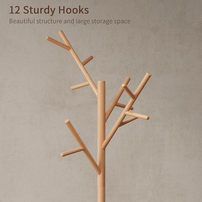 Coat Rack,Solid Wood Coat Rack Freestanding with 12 Hooks,Coat tree freestanding 3 Adjustable Heights for coat, Hats, Handbags，Coat Stand for Entryway,Bedroom (Natural)