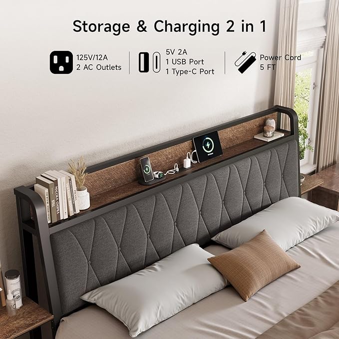 King Size Bed Frame with Side Storage Shelf, Ergonomic Upholstered Headboard with Charging Station, King Platform Bed Frame, Metal Slats Support, No Box Spring Needed, Easy Assembly, Black