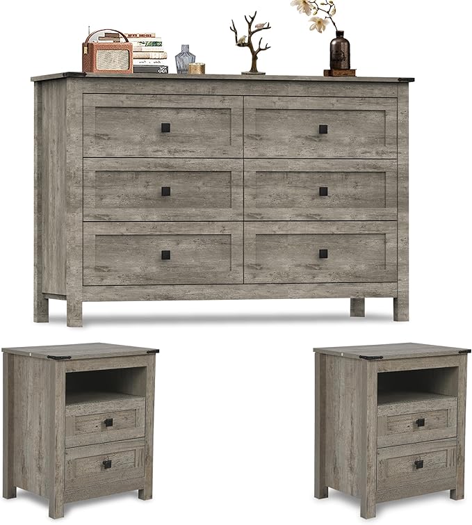 Farmhouse Bedroom Set, 3 Pieces Bedroom Furniture Set, Rustic Wood 6 Drawer Dresser and Nightstands, Chest of Drawers Wide Storage Organizer Cabinet for Bedroom, Light Rustic Grey