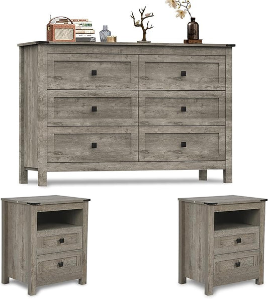 Farmhouse Bedroom Set, 3 Pieces Bedroom Furniture Set, Rustic Wood 6 Drawer Dresser and Nightstands, Chest of Drawers Wide Storage Organizer Cabinet for Bedroom, Light Rustic Grey