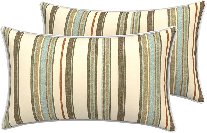 LVTXIII Outdoor Lumbar Pillow Covers 12"x20", Covers ONLY, 2 Pack 30x50cm Lumbar Cushion Cover with White Piping for Home Patio Garden Sofa Bench, Stripe Onyx