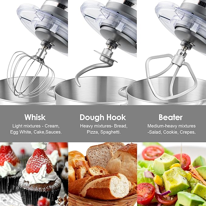 Aucma Stand Mixer,6.5-QT 660W 6-Speed Tilt-Head Food Mixer, Kitchen Electric Mixer with Dough Hook, Wire Whip & Beater (6.5QT, Gray)