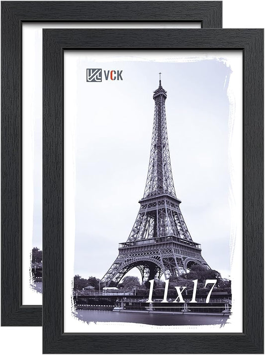 VCK 11x17 Poster Frame Set of 2 - Black, Textured Exclusive Solid Wood Picture Frames, Wall Gallery Frame
