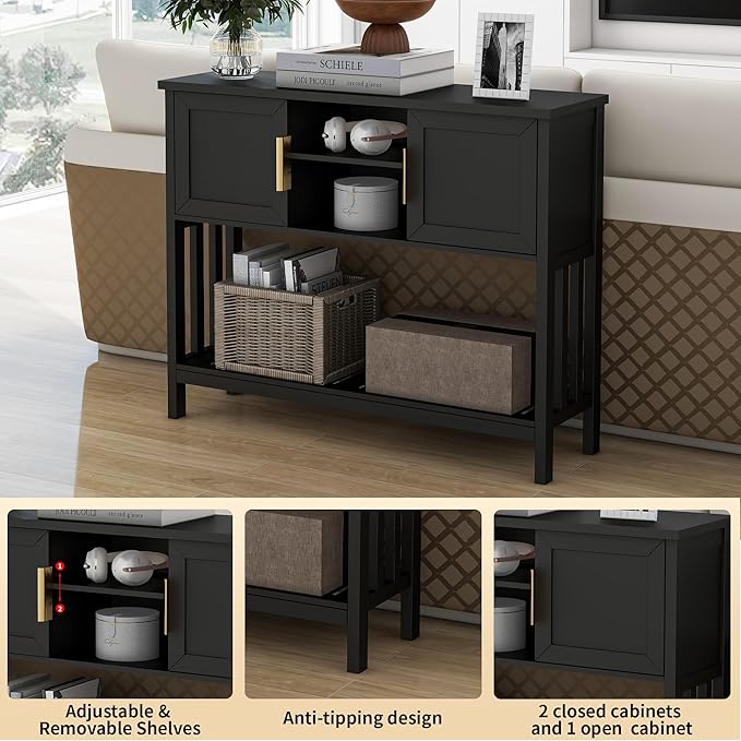 Entryway Console Table with 2 Doors & Storage & Shelf, Sofa Table Entrance Entry Way Table, Hallway Foyer Behind Couch Table (Black with 2 Doors)