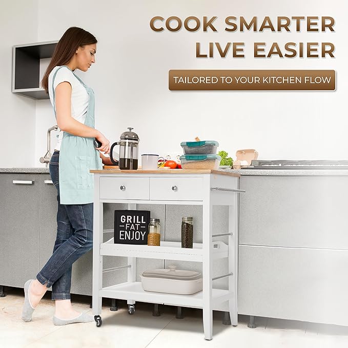Rolling Kitchen Island Cart, White Kitchen Cart with Rubberwood Top, Ample Storage Drawers, Adjustable Shelves, Utility Cart with Wheels for Small Kitchens, 35” Height