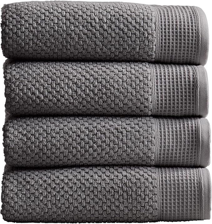 Market & Place 100% Cotton Waffle Textured Bath Towels Set of 4 | Super Soft Quick Dry Bath Towels | Decorative Towels for Bathroom | Belle Collection (Charcoal)