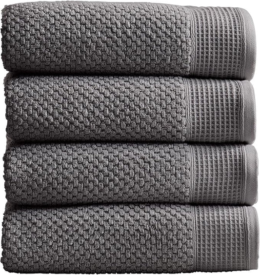 Market & Place 100% Cotton Waffle Textured Bath Towels Set of 4 | Super Soft Quick Dry Bath Towels | Decorative Towels for Bathroom | Belle Collection (Charcoal)