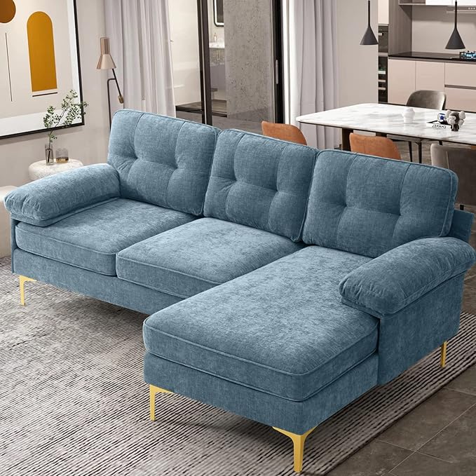 EASELAND 82" L-Shape Sofa with Reversible Chaise Lounge, Convertible Sectional Sofa Couch, Chenille Modern Sofa Couch for Living Room, Apartment and Office, Removable Cover,Blue