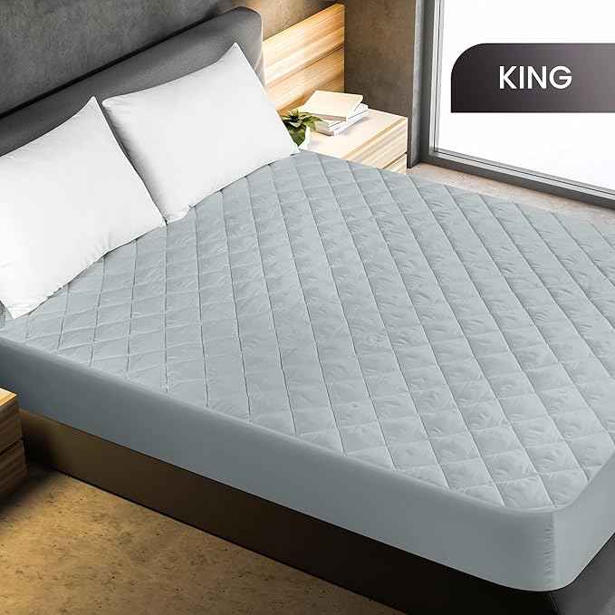 Utopia Bedding Quilted Fitted Mattress Pad, King Size, Elastic Fitted Mattress Topper Protector and Cover Stretches up to 16 Inches Deep, Machine Washable (Light Grey)