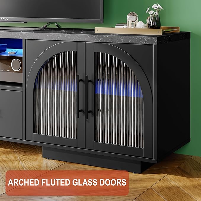 70" TV Stand for 80 Inch TVs, Entertainment Center with LED Lights and Arched Glass Doors, Faux Marble Wood Finish, Adjustable Shelves, Modern TV Cabinet for Living Room, Black