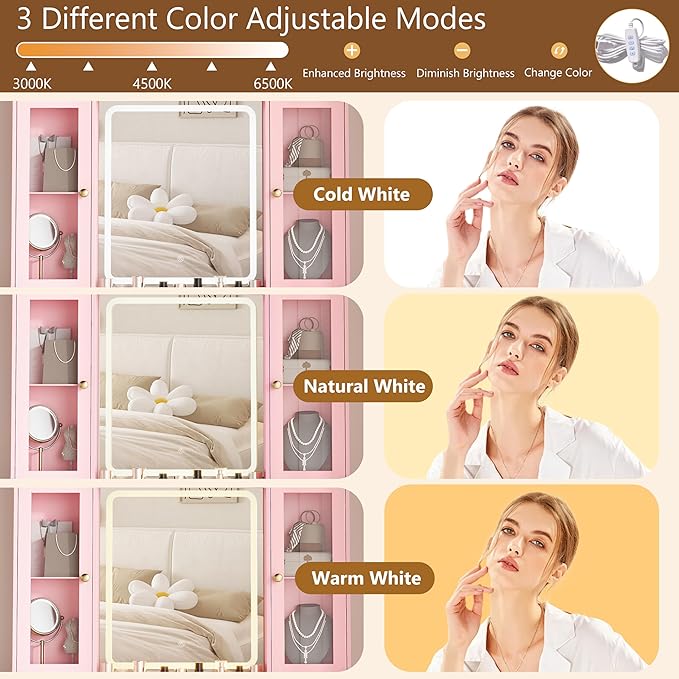 Pink Vanity Desk with Mirror and Lights, Makeup Vanity Table with Lighted Mirror, 5 Drawers & RGB Cabinet, Dressing Table Set with Charging Station for Girls Bedroom, 3 Lighting Modes