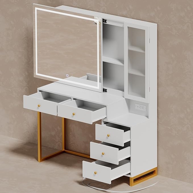 White Makeup Vanity Desk with Sliding Mirror and LED Lights,Power Outlet&Vanity Stool for Makeup Table,Makeup Organizer Countertop Cabinets&5 Storage Drawers, Vanity Table for Women