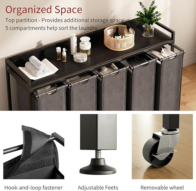 Laundry Hamper with Shelf, Laundry Basket 5 Section, Laundry Sorter with Pull-Out Removable Large Bags and Movable Wheels, Metal Frame, 5 x 15.87 Gallons (60L), Black PF08XLB