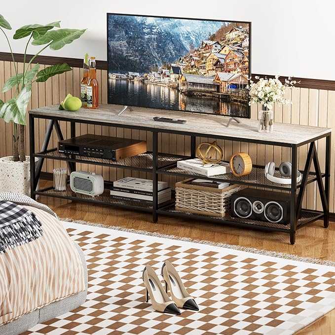 TV Stand for TVs up to 70 Inch, 63" Long Industrial TV Console Table with 3-Tier Storage Shelves, Entertainment Center for Living Room, Bedroom (Gray)
