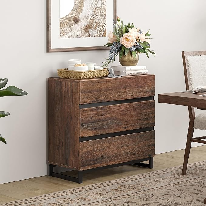 WAMPAT Dresser for Bedroom, Closet Organizers and Storage with 3 Drawers, Chest of Drawers with Metal Base, Modern Wood Dresser for Living Room, Hallway, Entryway, Brown
