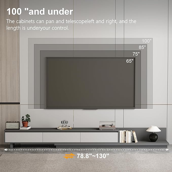 78.7–130" Extendable TV Stand with 3 Drawers - Mid-Century Modern Adjustable Entertainment Center, Perfect for Living Room, Dark Gray & Light Gray