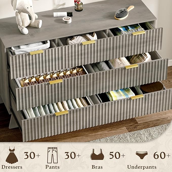Fluted Dresser for Bedroom with 7 Drawer, Mid Century Modern Chest of Drawers, 48" Wide Natural Wood Dresser for Closet, Wooden Boho Chest Closet Storage TV Stand for Bedroom, Grey