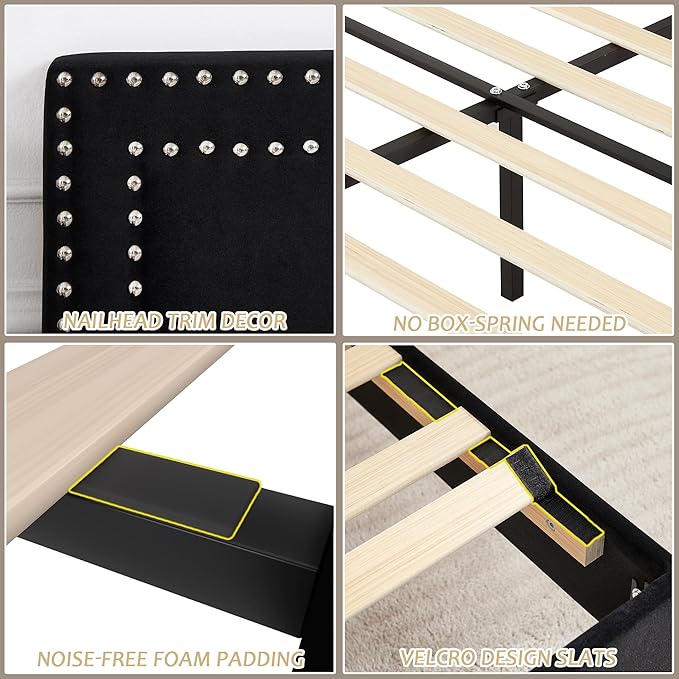 VECELO Full Size Bed Frame with Adjustable Upholstered Headboard, Wooden Slats Platform, Noise-Free Design, Easy Assembly