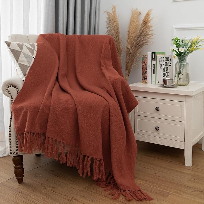 Gealaek Fall Throw Blanket Lightweight Fuzzy Soft Cozy Decorative Blankets for Sofa Bed Farmhouse Throw Blanket Burnt Orange with Fringe 50" x 60"