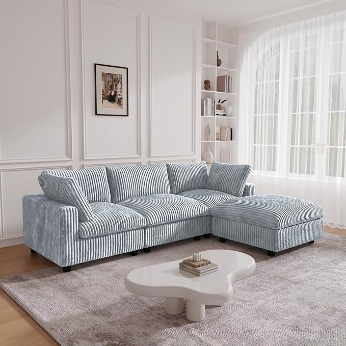 JACH 118" L Shape Sectional Couch, Convertable Modular Couches with Chaise Ottoman, Modern Deep Seat Sofas, Sofa Covers Washable, Minimalist Plush Couch for Living Room, Apartment, Light Grey