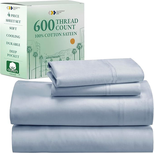 California Design Den Luxury King Size Sheet Set - 100% Cotton, 600 Thread Count Deep Pocket King Sheets, Hotel-Quality Bedding with Sateen Weave - Blue