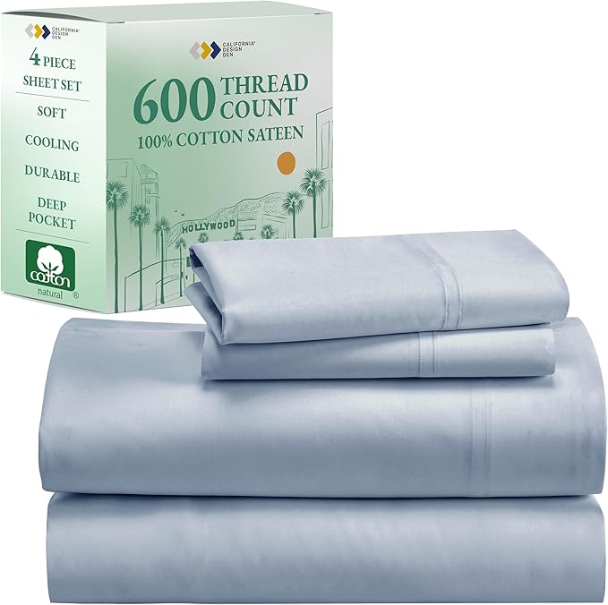 California Design Den - Luxury Full Size Sheet Set - 100% Cotton, 600 Thread Count Deep Pocket Full Size Bed Sheets, Cooling Hotel-Quality Sheets with Sateen Weave - Blue