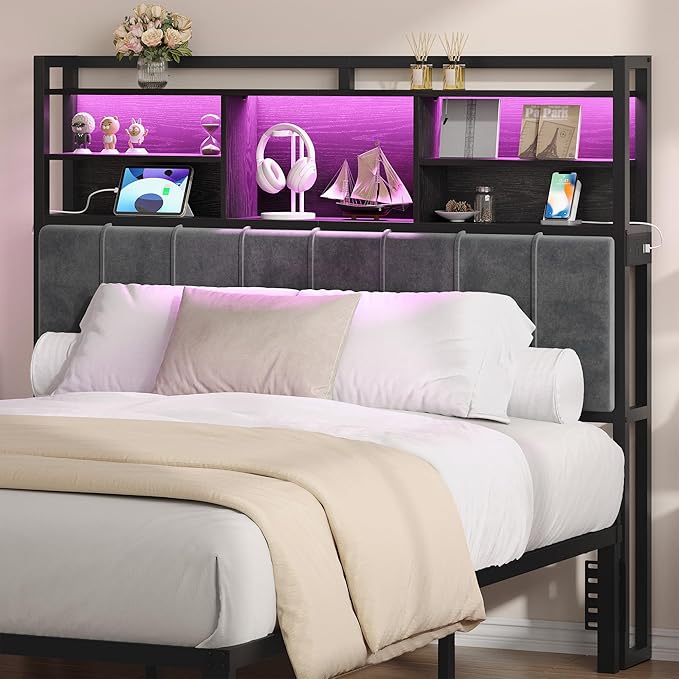 Headboard with 3-Tier Storage Shelves, Velvet Upholstered Head Board with 2 Outlets, USB Ports & LED Light, Soft Backrest for Queen Size Bed, Black BH15204B