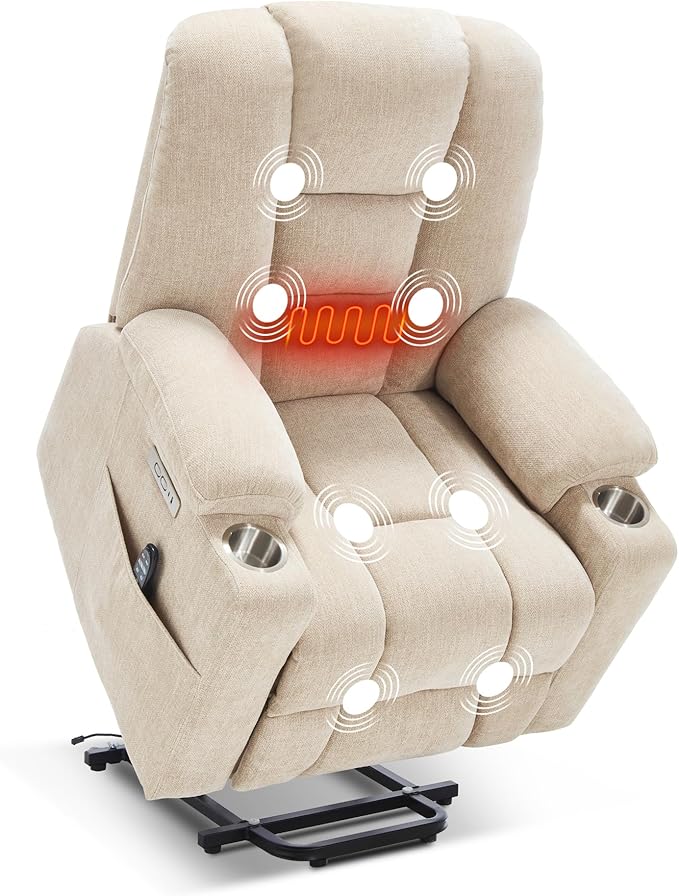 Power Lift Chair with Massage & Heat, Electric Recliner Chairs for Adults, Remote Control, Living Room Sofa, Standing Assistance, USB Ports, Stainless Steel Cup Holders, Chenill, Beige