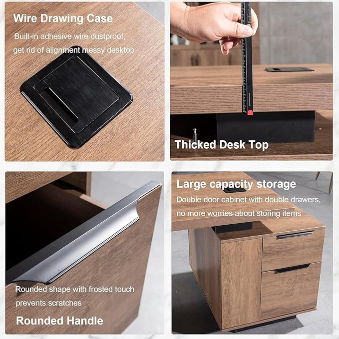 Modern Executive Desk, Rectangle Office Desk with Storage Cabinet, Width Adjustable Desks for Home Office, Business Desk Stand Under Table Storage Organizer, Mahogany