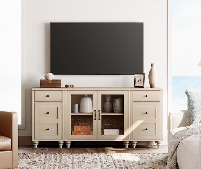 WAMPAT TV Stand for 75 Inch TV, Wood TV Cabinet Entertainment Center with Charging Station, Glass Door Buffet Cabinet for Dining Room, Light Oak