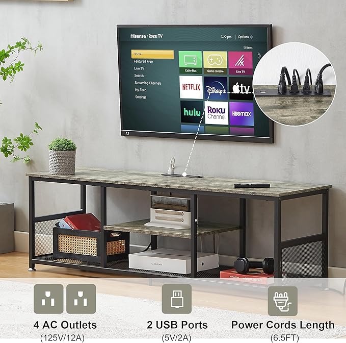 VECELO TV Stand with Power Outlets for Televisions up to 65Inch, 55" Media Entertainment Center with Charging Station 3-Tier Open Storage Shelves with Metal Frame for Living Room/Bedroom，Grey