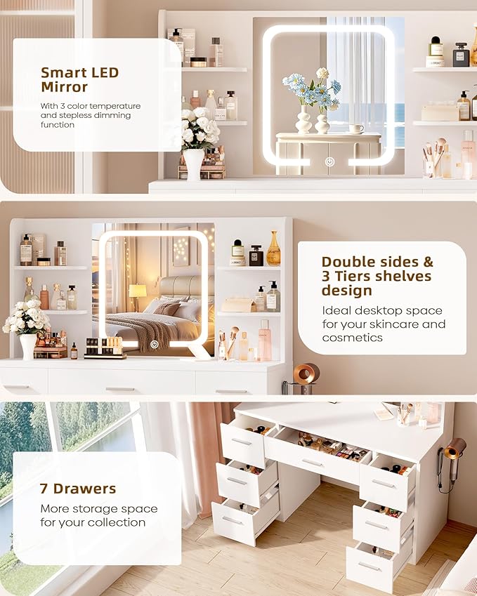 Large Makeup Vanity Desk, 43.3”W x 15.7“D x 53.2”H, White (Large Desktop, Samrt LED Mirror, 4 Open Shelves, 7 Drawers, Hairdryer Rack, Power-Outlet)