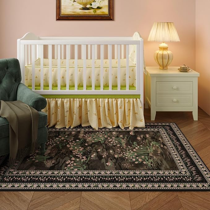 3x5 Washable Rug Impressionist-Style Vintage Non Slip Low Pile Small Carpet for Bedroom Bedside Kitchen Entryway Kids Room Office College Dorm Essentials for Girls, Black