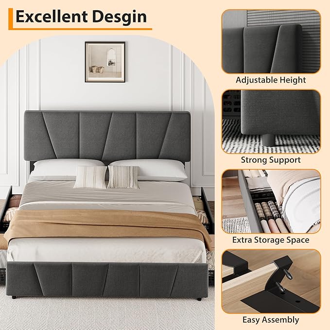 GarveeHome Full Size Bed Frame with Adjustable Headboard and 4 Storage Drawers, Velvet Upholstered Tufted Full Platform Bed Frames with Wooden Slats Support,Full Bedframe No Box Spring Needed, Grey