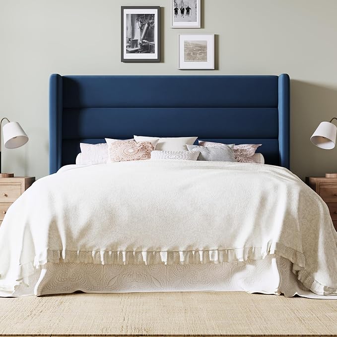 Allewie Queen Size Platform Bed Frame with Velvet Upholstered Wingback Headboard, No Box Spring Needed, Under Bed Storage Space, Wooden Slats, Modern Mattress Foundation, Easy Assembly, Blue