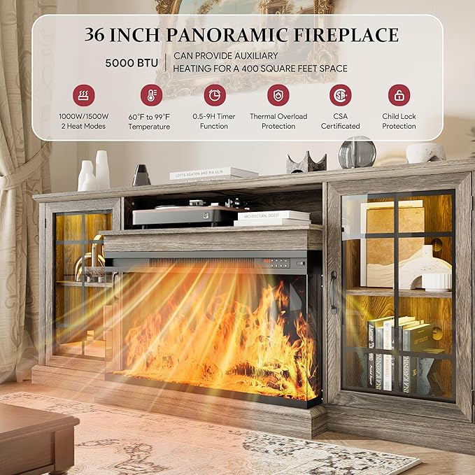 MXV 70'' Fireplace TV Stand, Farmhouse Entertainment Center with 3 Sided Glass TV Stand, Modern Media Console Table with Storage Drawers & Cabinets with LED Flame and Lights for Living Room, Gray