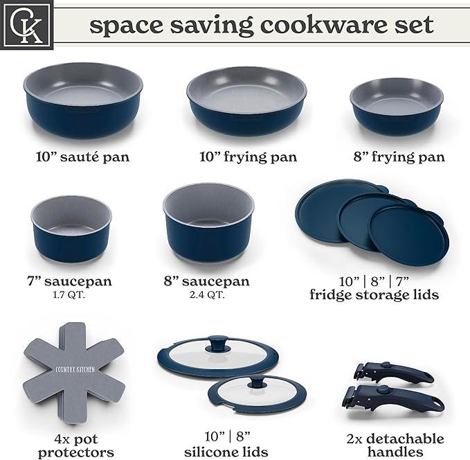 Country Kitchen Cookware Set with Removable Handle, Oven & RV Safe Pots and Pans Set, Denim, Original
